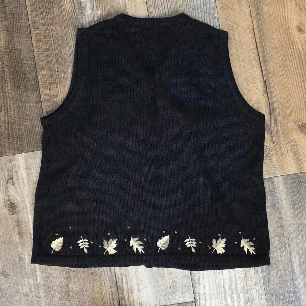 Vintage Sweater Vest Hand Embroidered Leaf Nature Y2k Size Medium Cottagecore